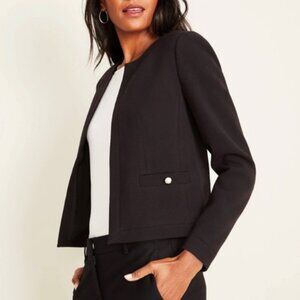 Ann Taylor Petite Black Pearl-Button Cropped Blazer – Chic Open Front